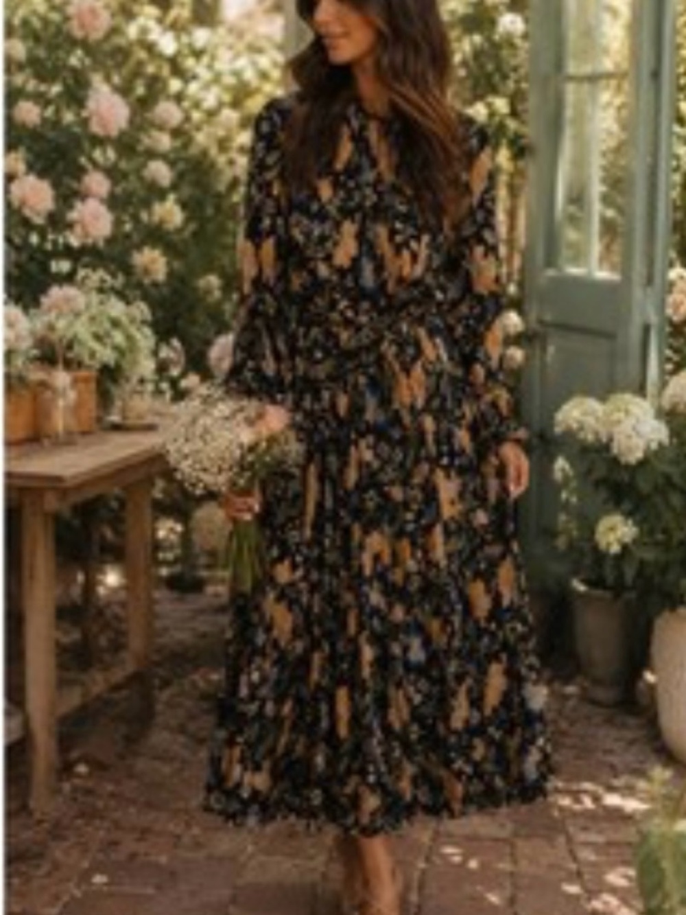 Floral Tie-Neck Tiered Maxi Dress in Navy and Camel